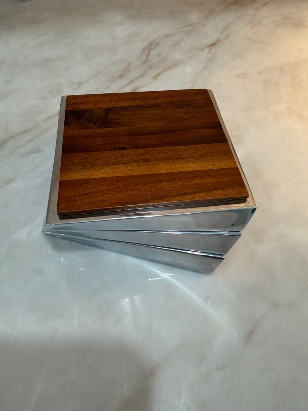 Nambe - 3 Modern Wooden Top stackable Metal Coasters